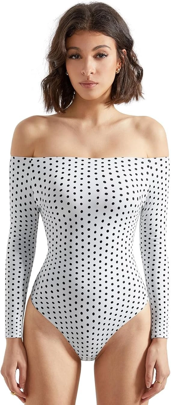 Women Off The Shoulder Long Sleeve Bodysuit Double Lined Thong factory