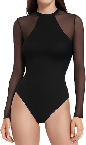 Round Neck Sexy Sheer Mesh Lace Bodysuit